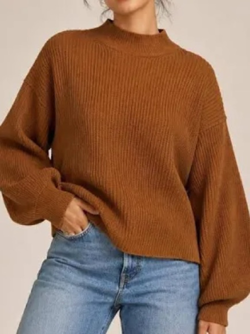 Maeve Anthropologie Ribbed Mock Neck Balloon Sleeve Sweater Brown 1X